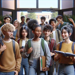 Students entering school building.