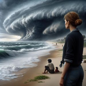 Storm approaching coastline illustration.