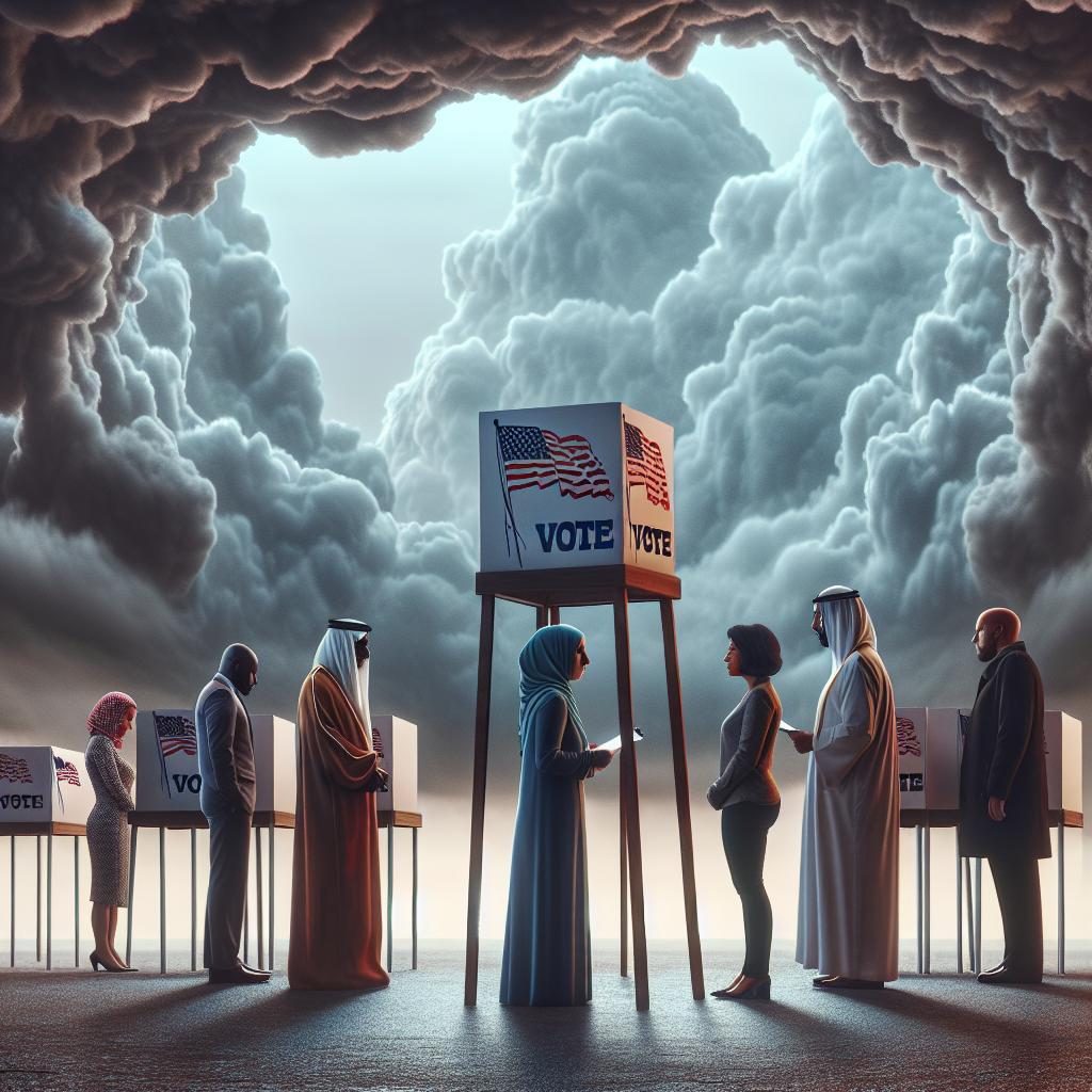 Voting booth under stormy skies.