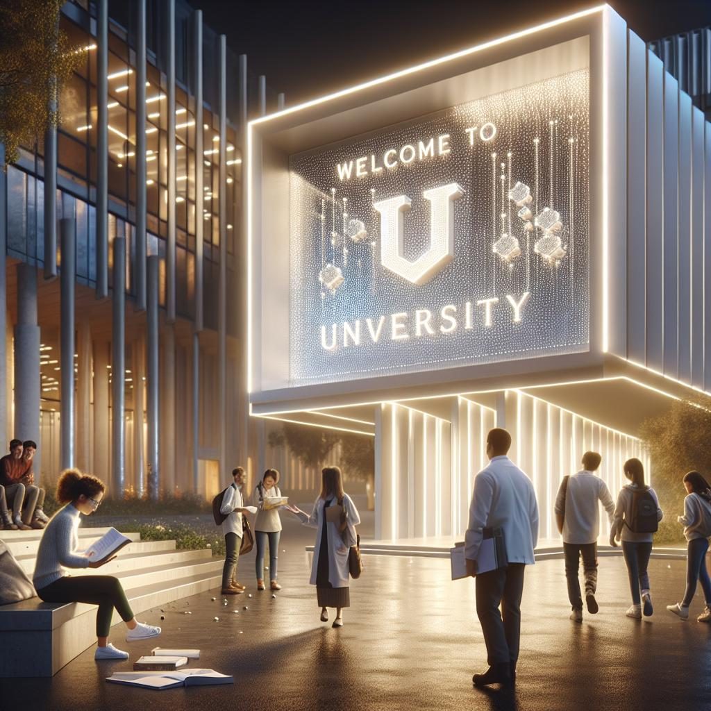 Futuristic campus entrance sign.