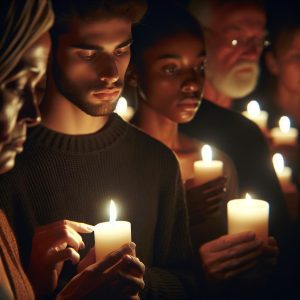 Candle-lit somber gathering.