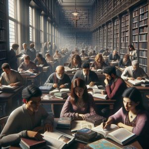 "Students studying in library"