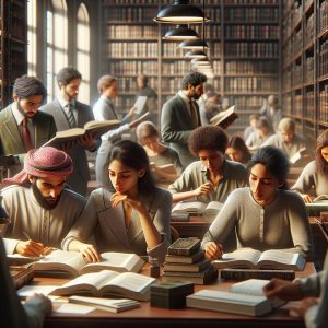 "Students studying in library"