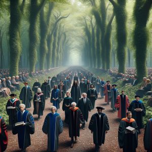 Academic procession through forest.