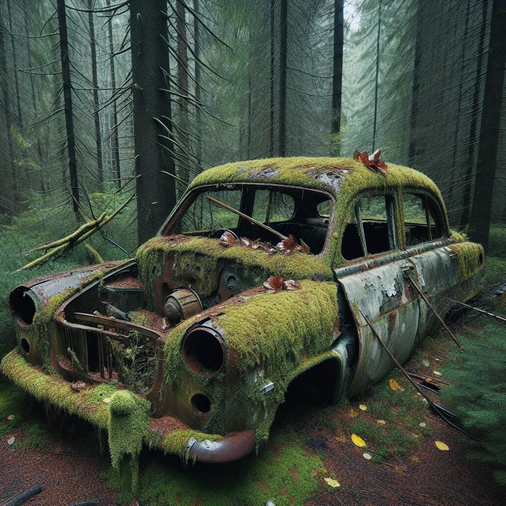 Abandoned car in forest