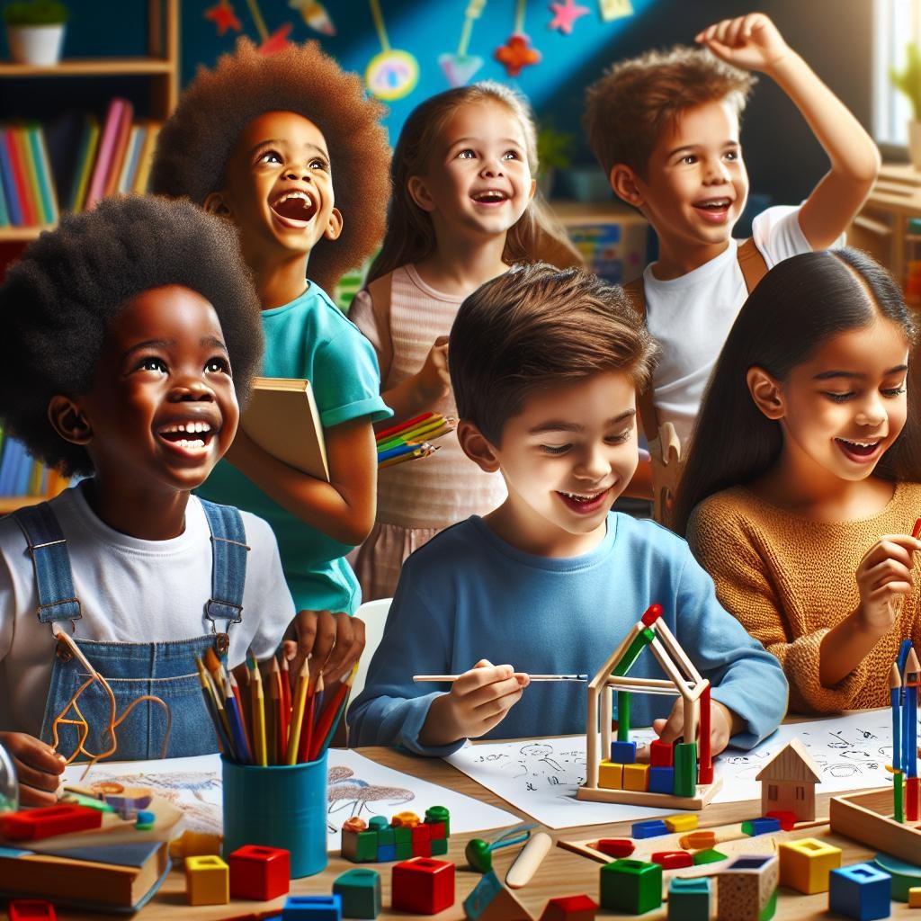 Children exploring colorful classroom.