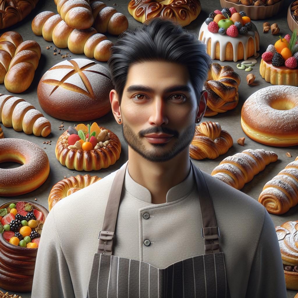 "Baker surrounded by pastries"