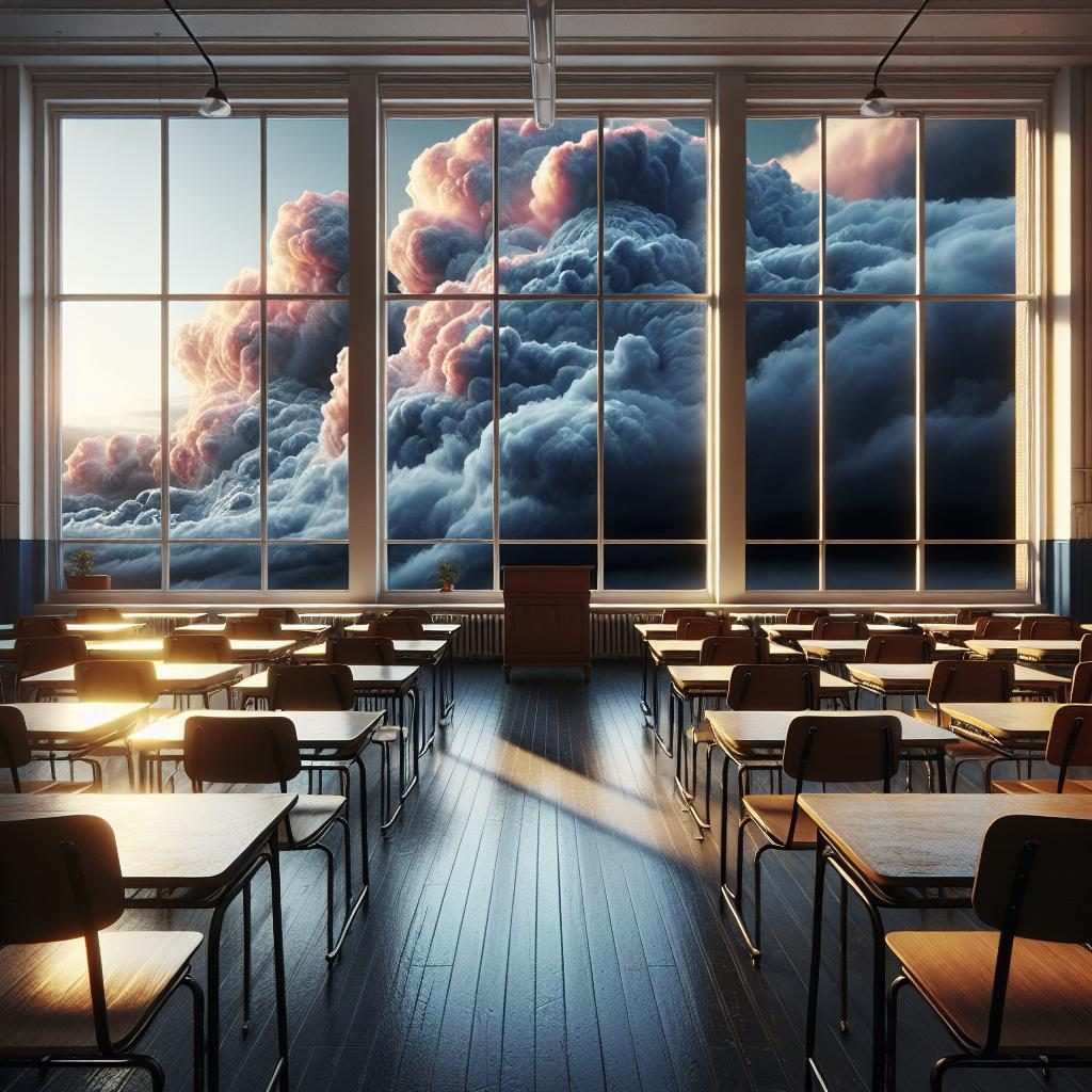 Empty classroom with storm clouds