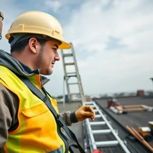 A person practicing DIY roofing safety on a rooftop