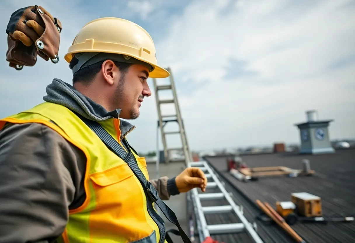 A person practicing DIY roofing safety on a rooftop