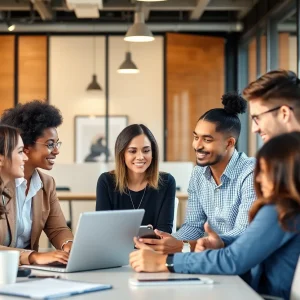 Diverse marketing professionals collaborating in a modern office