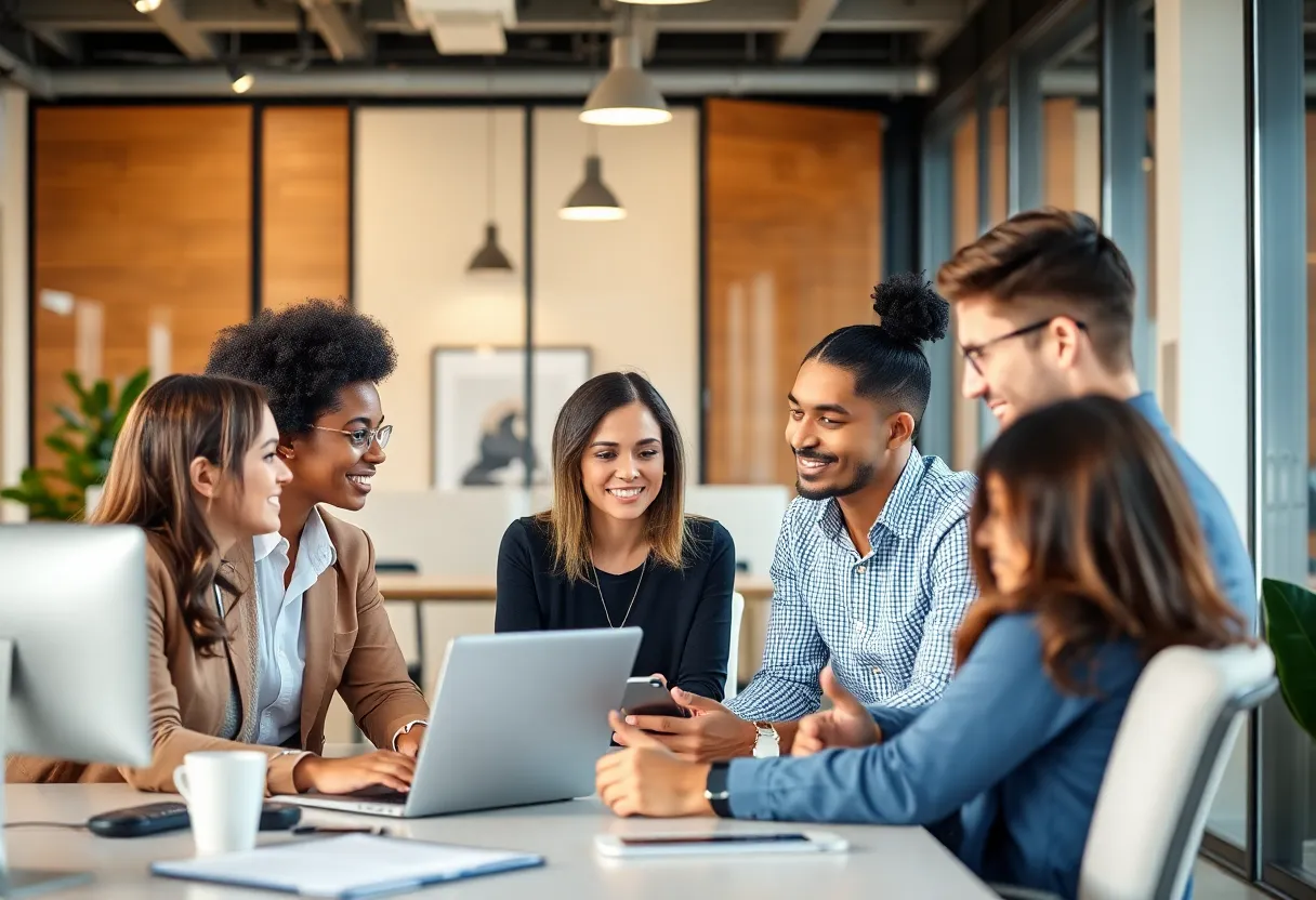 Diverse marketing professionals collaborating in a modern office