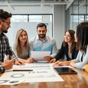 Marketing team discussing growth strategies in a modern office