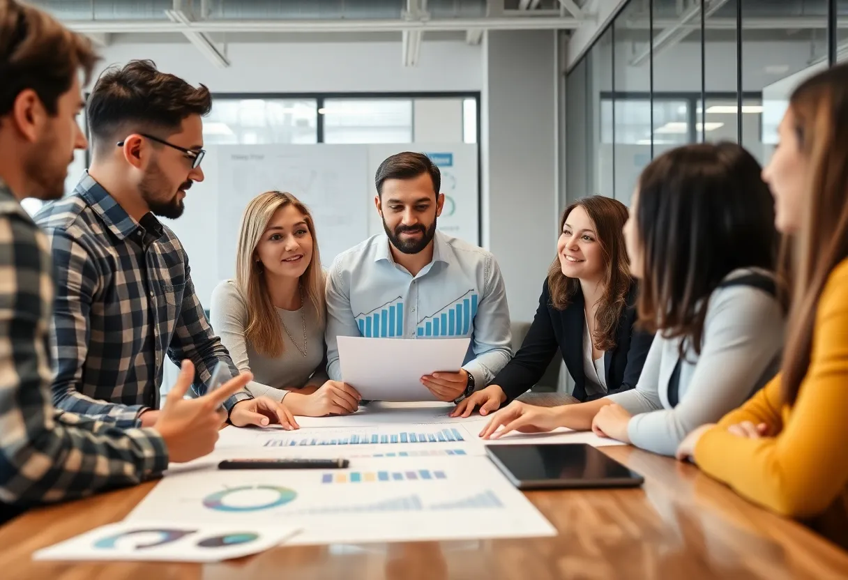 Marketing team discussing growth strategies in a modern office