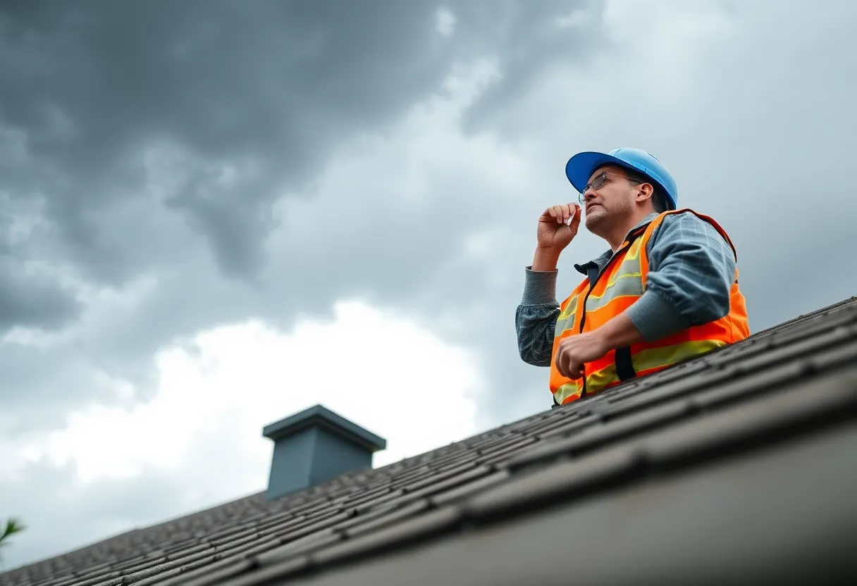 Inspector checking roof tiles for hurricane readiness