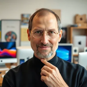 Steve Jobs in a creative workspace with Apple products.