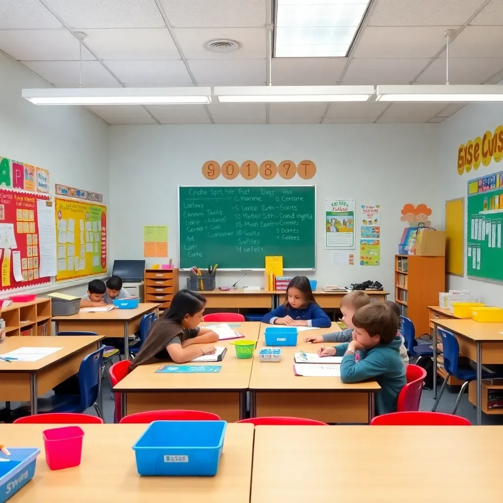 Bright classrooms filled with engaged students and colorful learning materials.