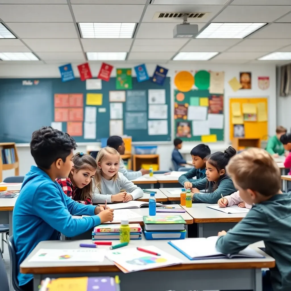 Vibrant classroom with engaged students and educational materials.