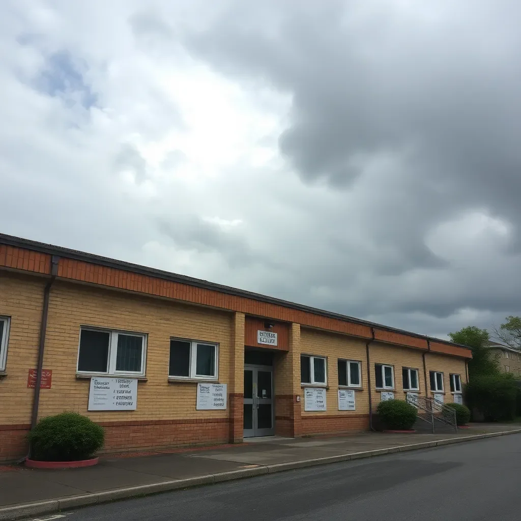 School building with closed signs and storm clouds overhead.