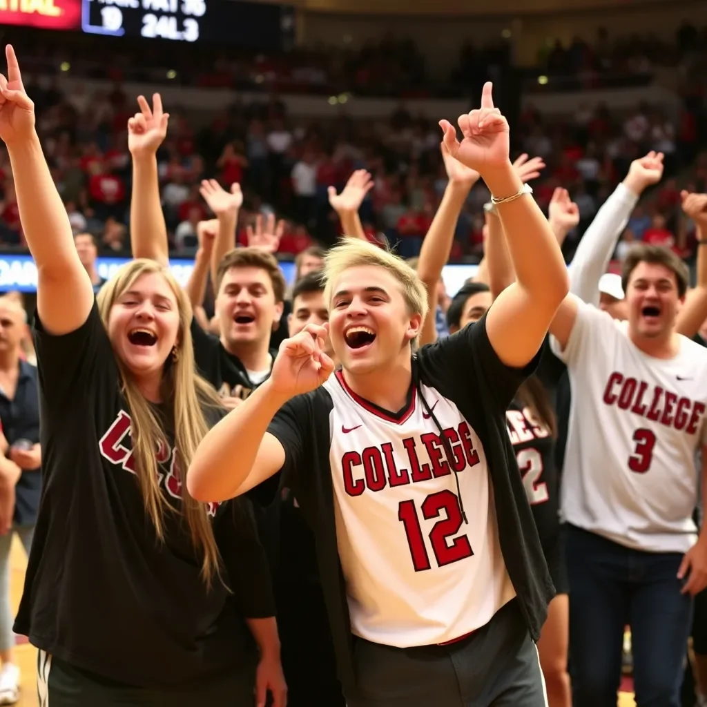 Celebratory team spirit at a college basketball game.