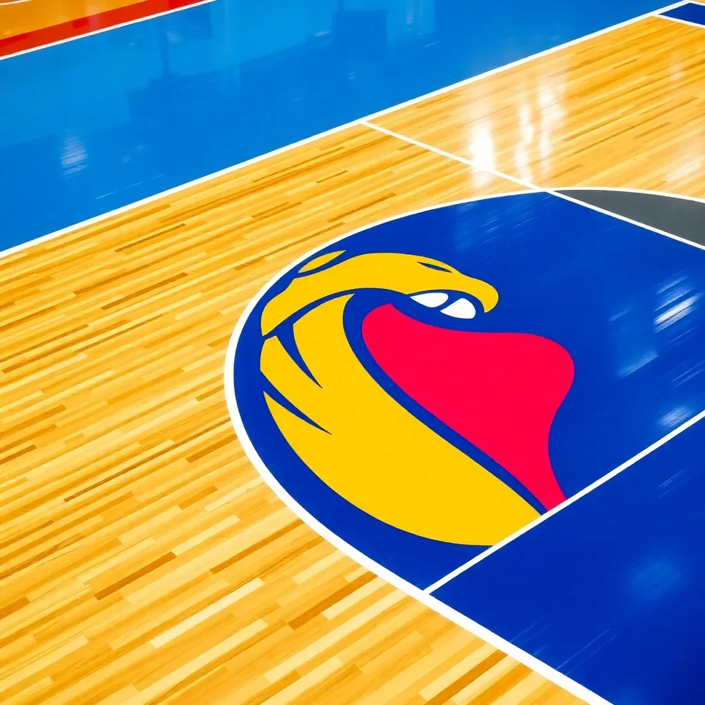 Basketball court with vibrant team colors and logo.