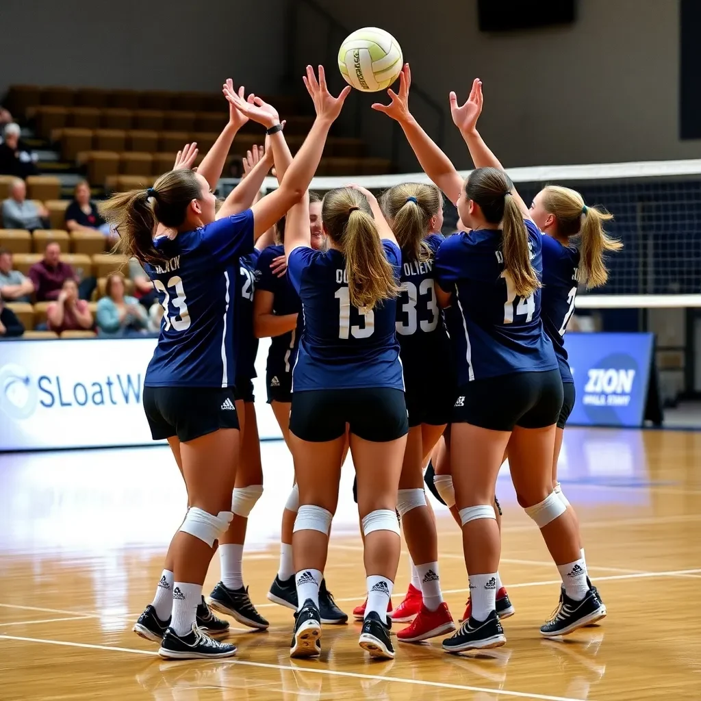 Volleyball players celebrating a victorious team moment.