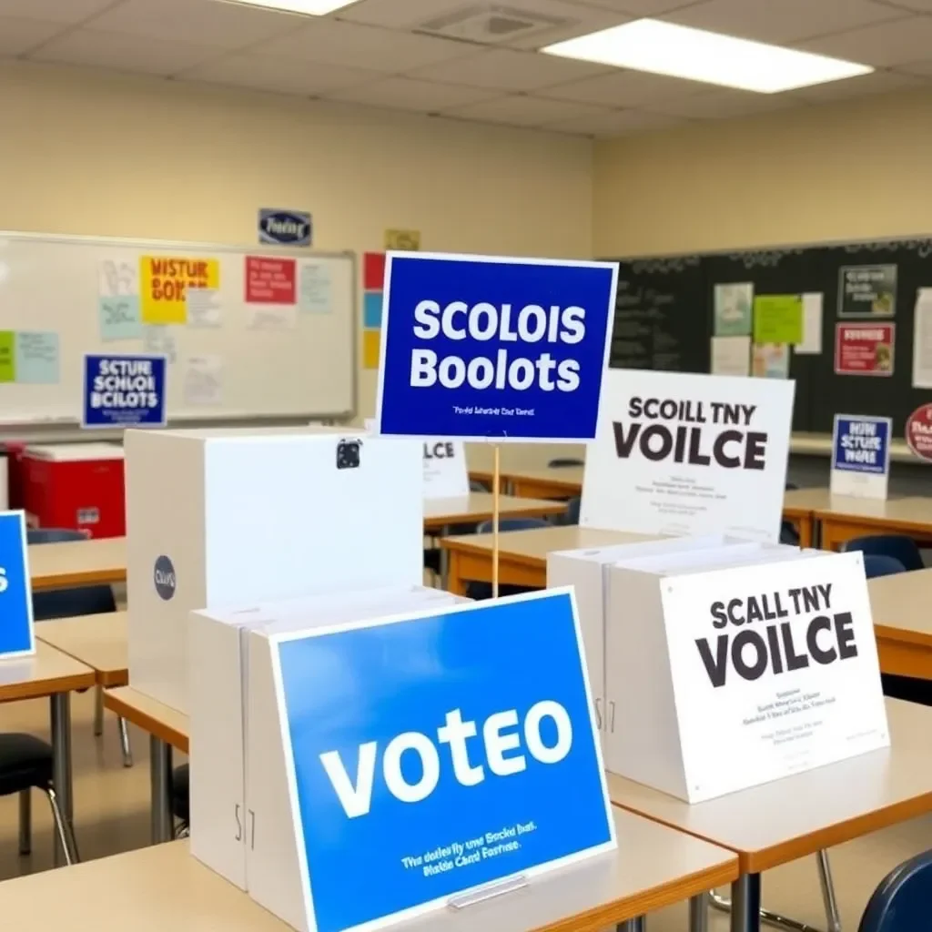 Election ballots and school board signs in a classroom.