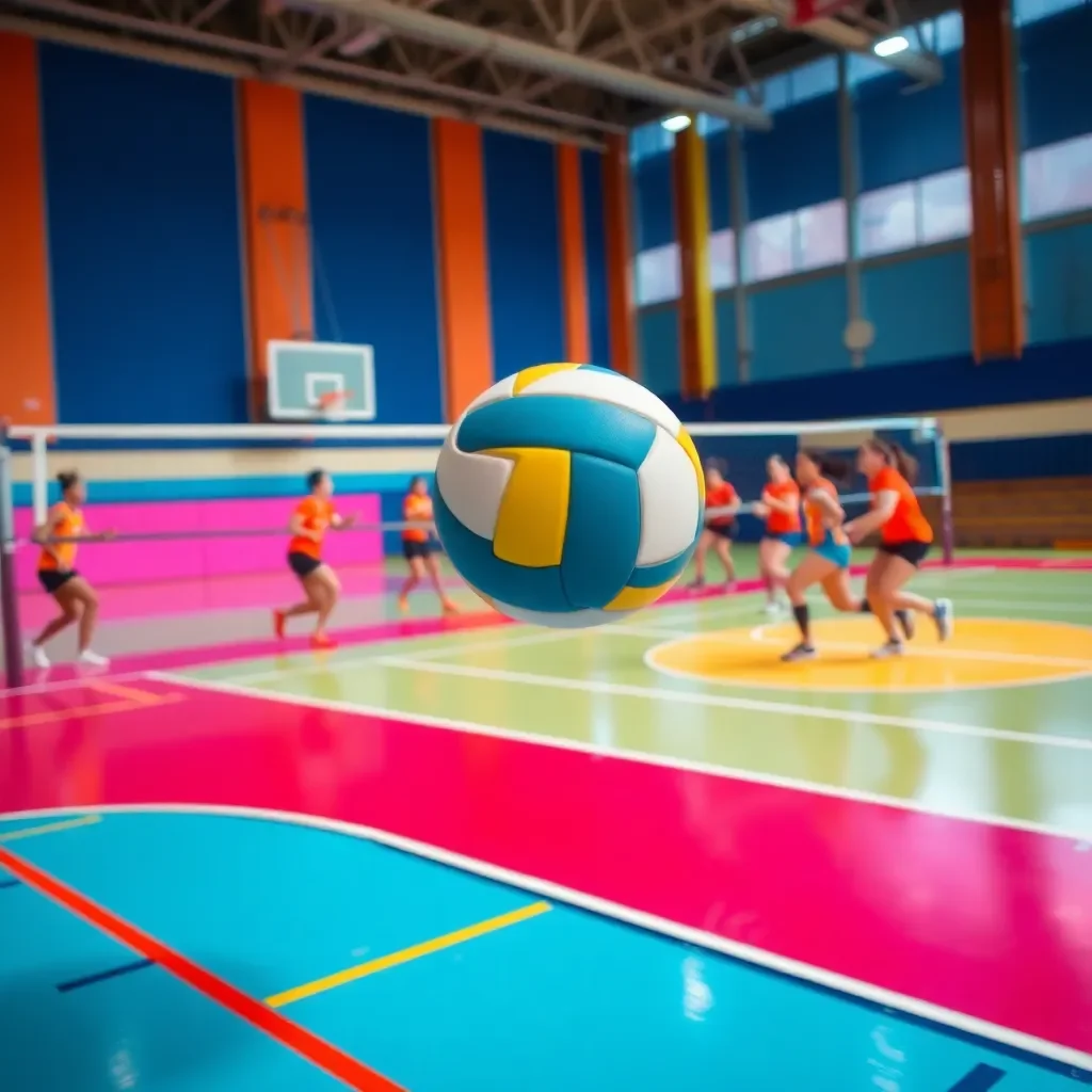 Dynamic volleyball action on a colorful gym court.