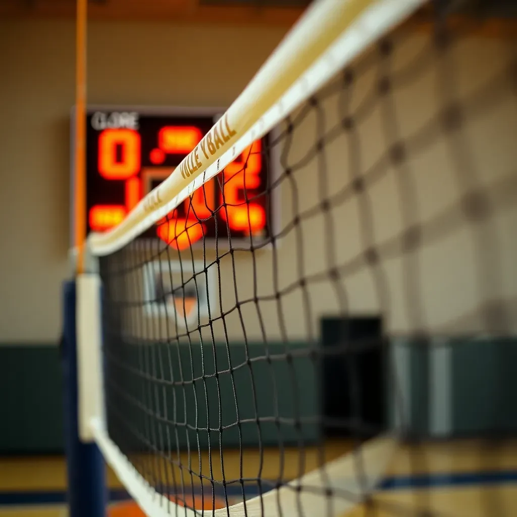 Volleyball net with a scoreboard displaying close scores.