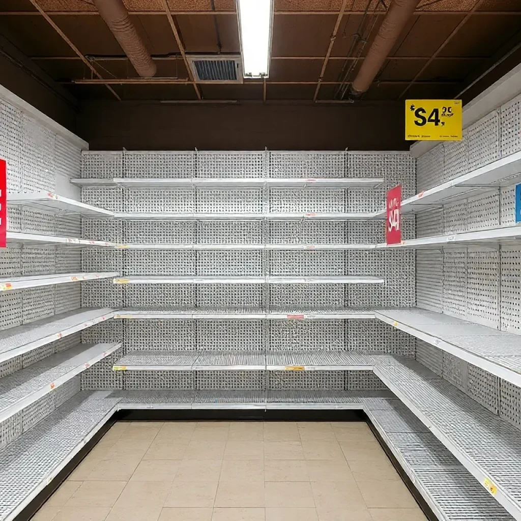 Empty retail shelves with sale signs prominently displayed.