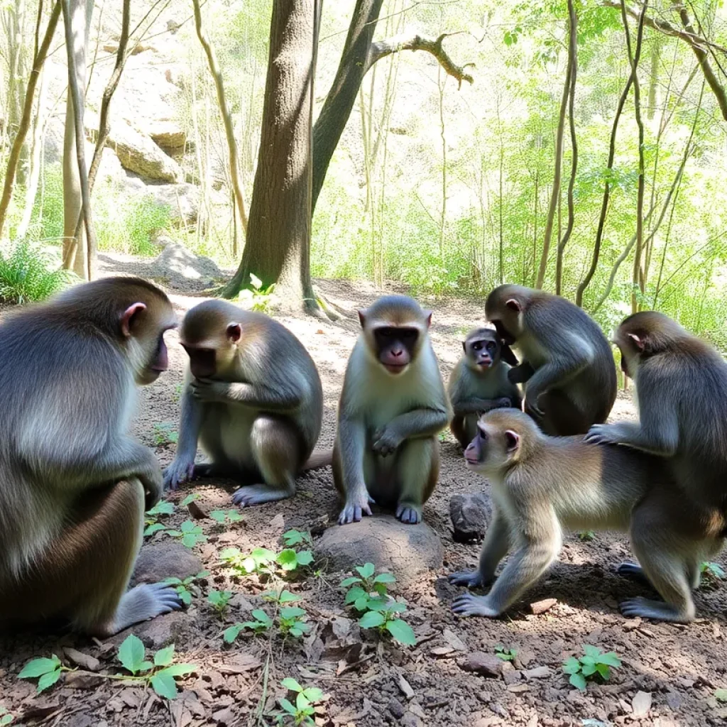 Monkeys exploring a natural habitat with human observers nearby.