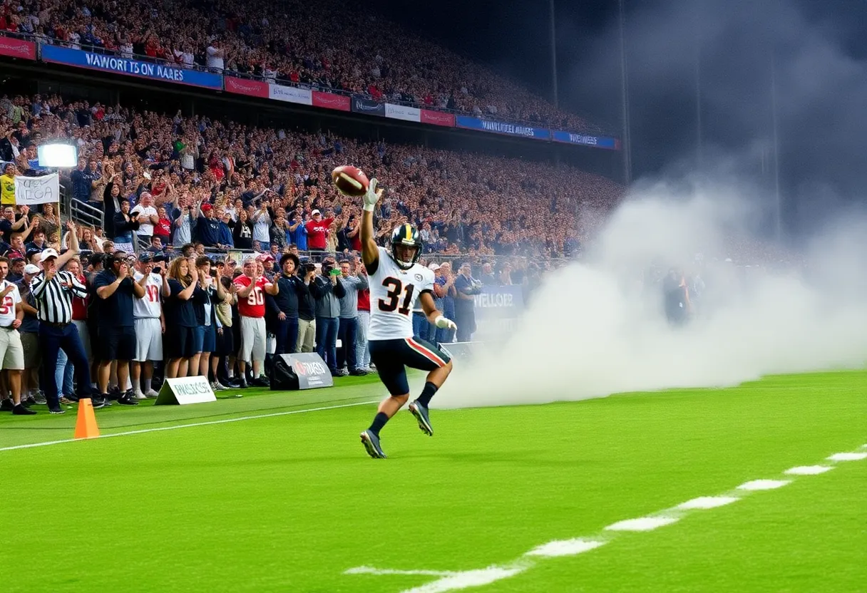 Dynamic football game moment with cheering crowd.