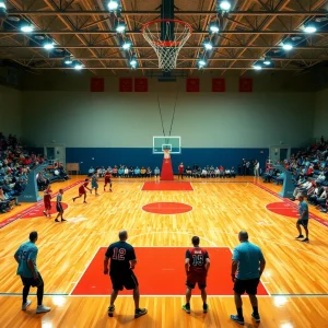 Basketball court in action with vibrant team colors.