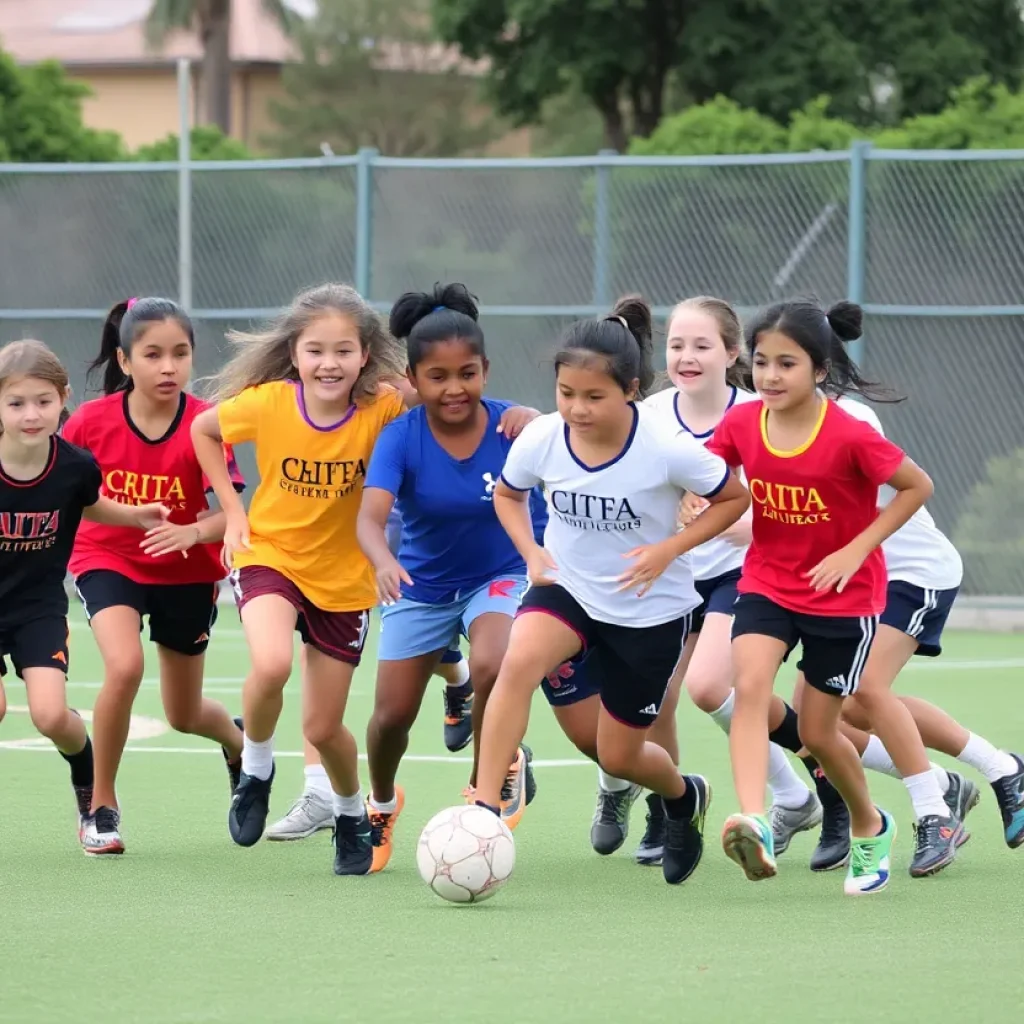 Diverse group of girls playing sports in unison.