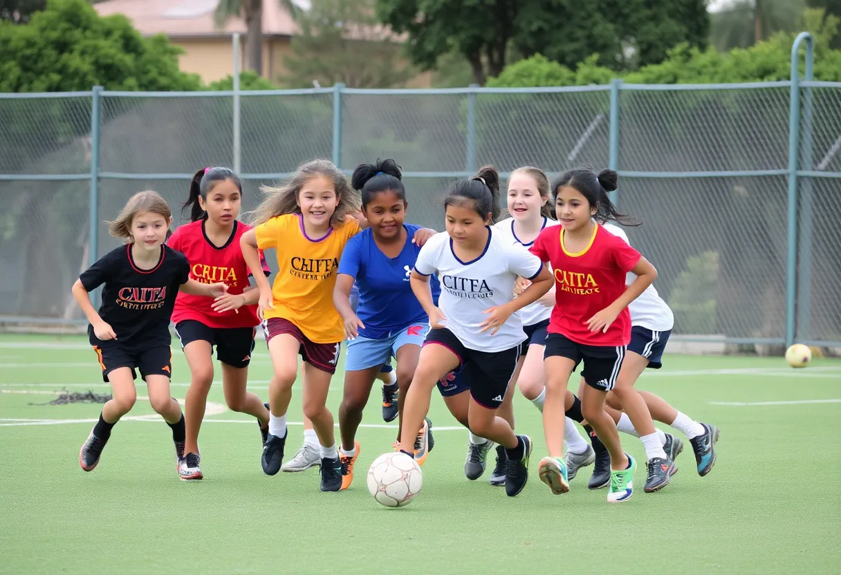 Diverse group of girls playing sports in unison.