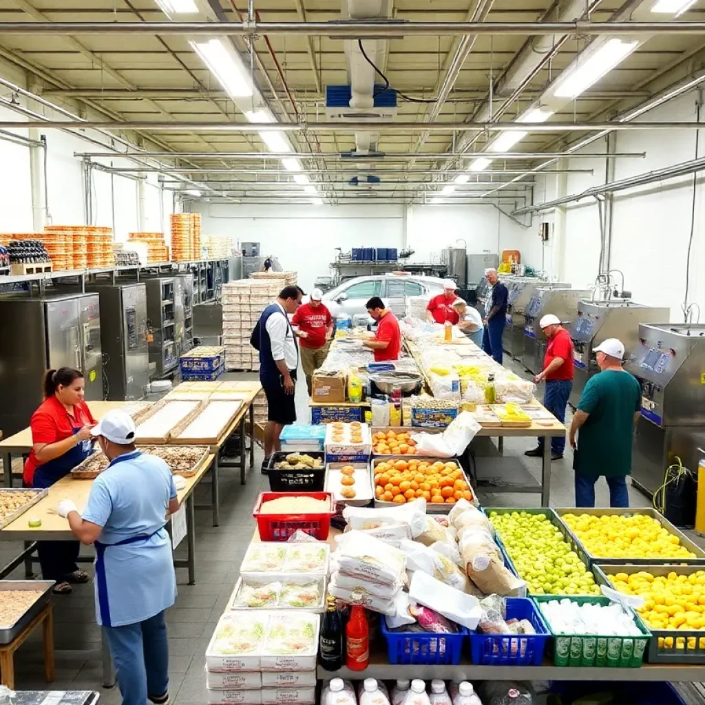 Vibrant food and beverage production facility bustling with activity.