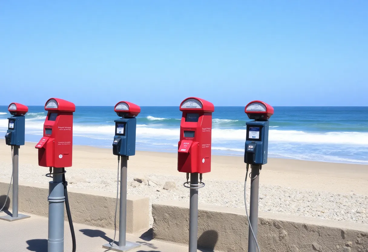 Parking meters in a beachside setting with ocean view.