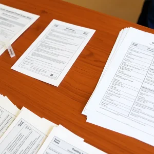 Voting ballots and official documents on a table.