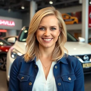 Allyson Witherspoon, the new Chief Marketing Officer of Nissan in front of Nissan branding