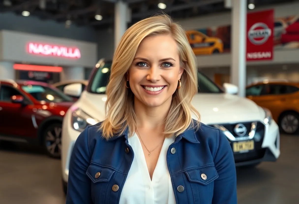 Allyson Witherspoon, the new Chief Marketing Officer of Nissan in front of Nissan branding