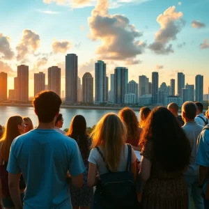 Diverse individuals studying digital marketing certifications in Miami's skyline