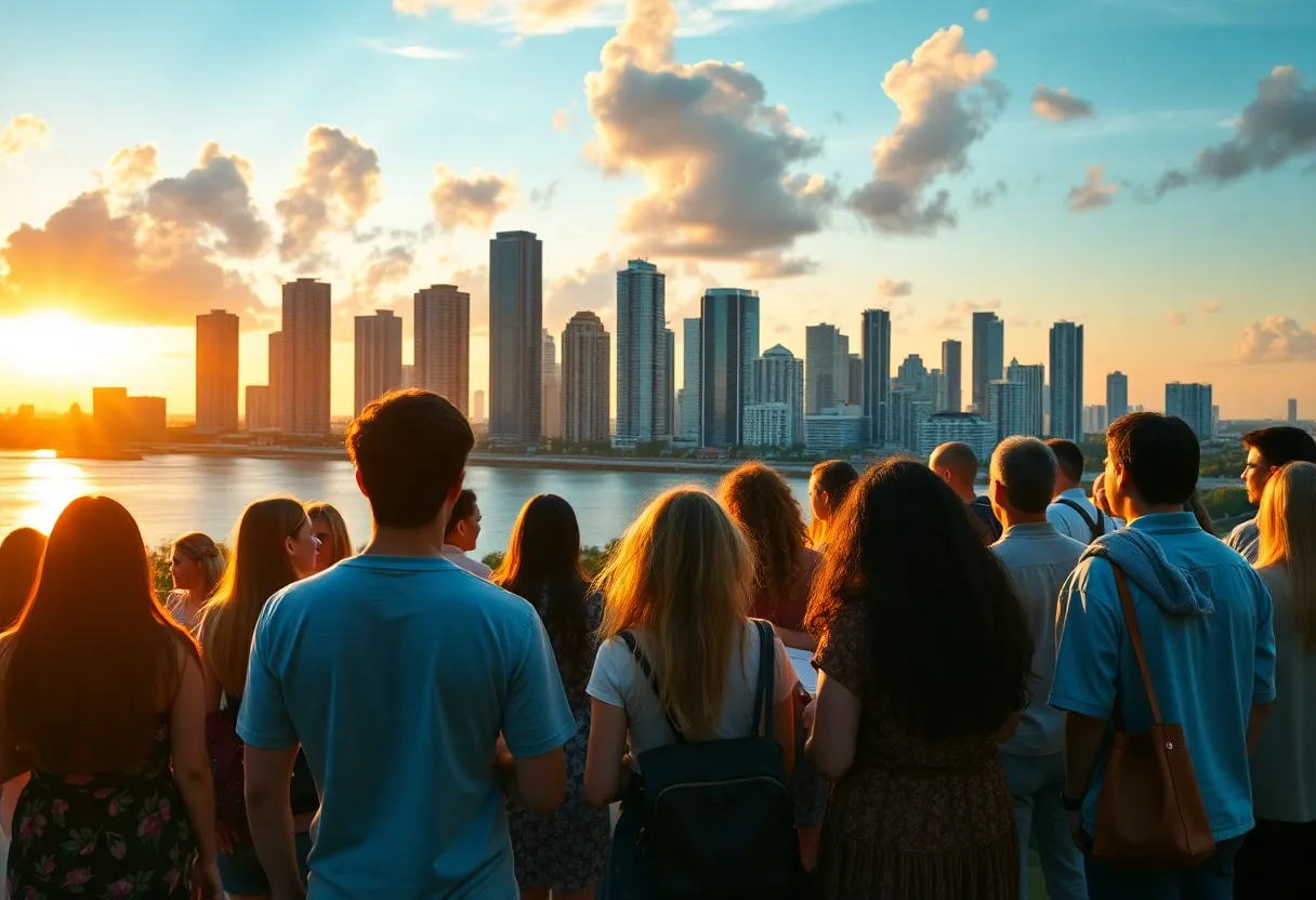 Diverse individuals studying digital marketing certifications in Miami's skyline