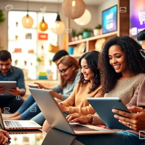 Diverse group of people shopping online in a modern environment