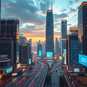 Futuristic view of a city representing marketing strategies in 2025