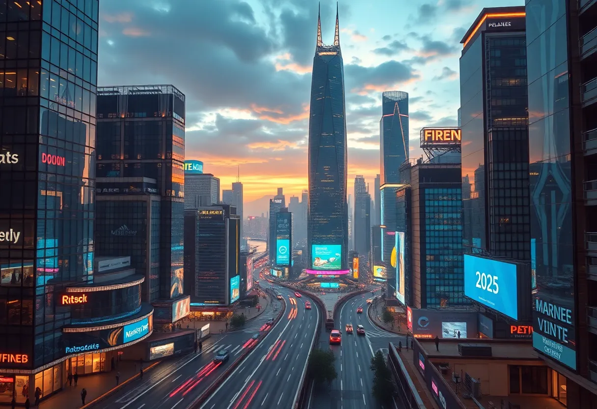 Futuristic view of a city representing marketing strategies in 2025