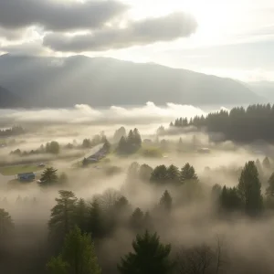 A picturesque scene of Greenwood featuring fog and sunlight