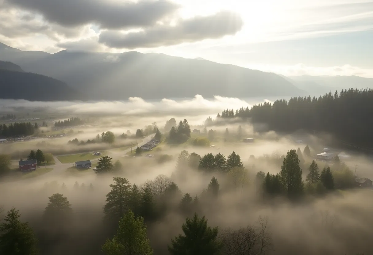 A picturesque scene of Greenwood featuring fog and sunlight