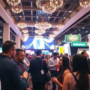 Marketing professionals networking in Las Vegas during a vibrant event