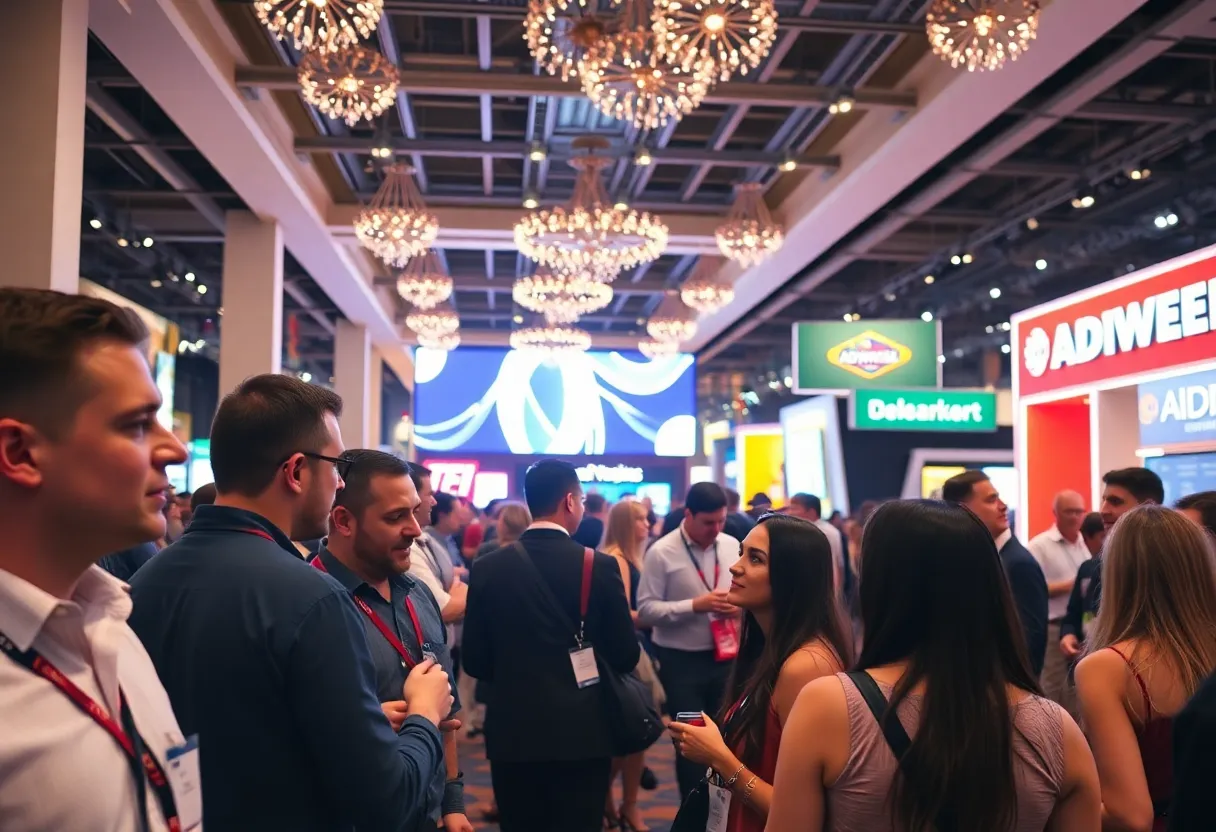 Marketing professionals networking in Las Vegas during a vibrant event