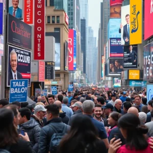 City scene showcasing political posters and diverse groups discussing brands